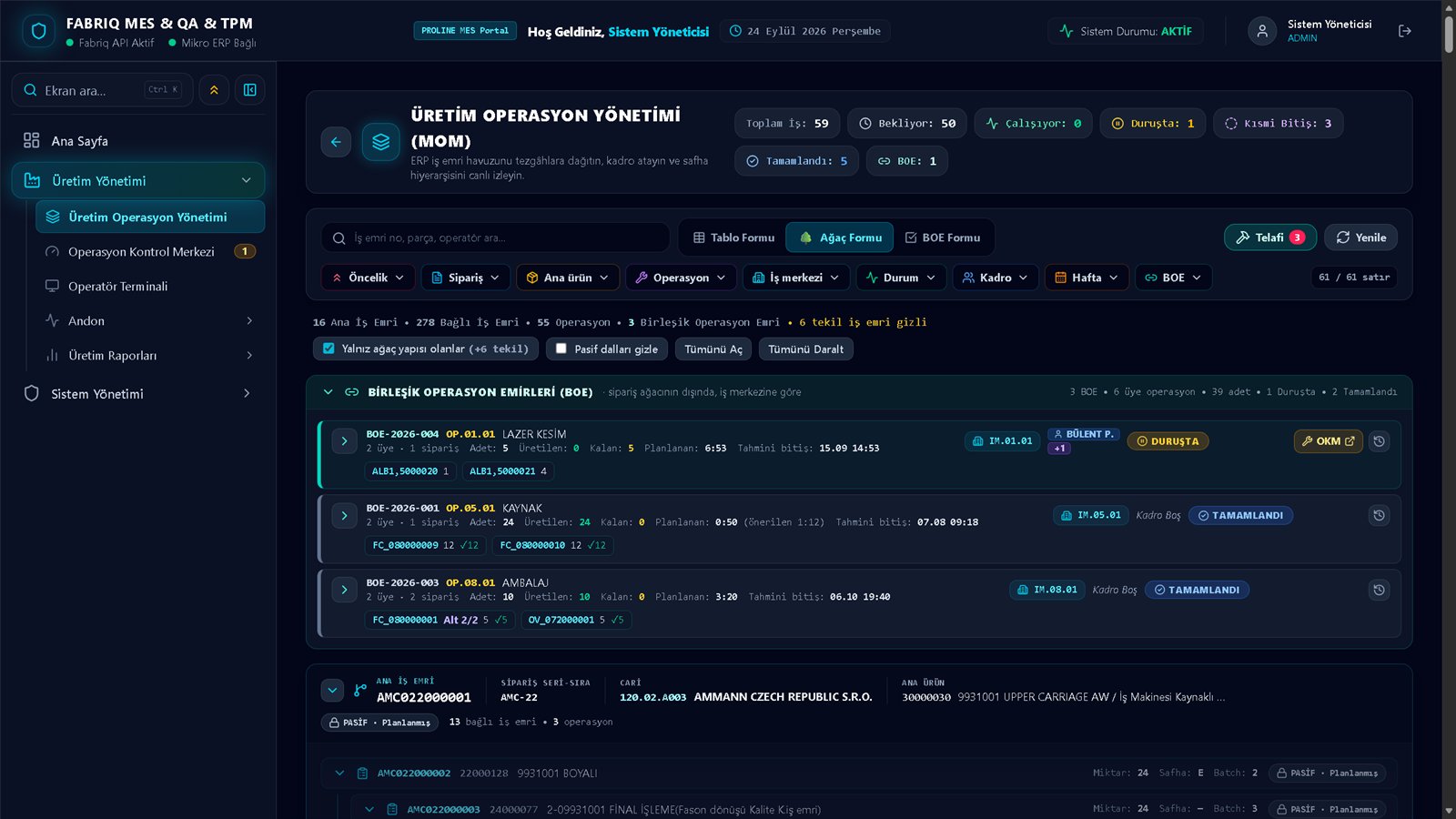 Üretim Operasyon Yönetimi ağaç formu